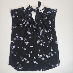 Lauren Conrad Womens Blouse XS Black Blue Ditsy Floral Eyelet Back Front Pleated